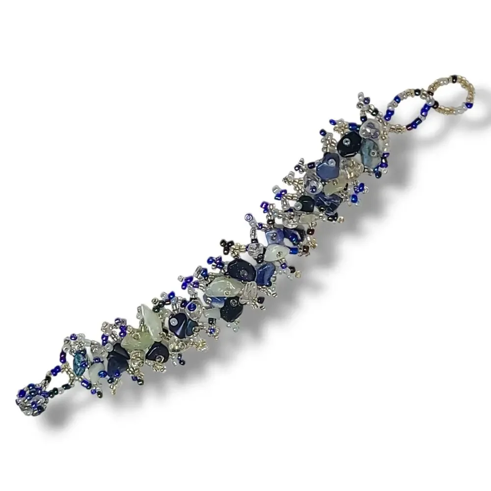 Blue & White Glass‎ Bead Woven Wide Cuff Wrap Bracelet 7